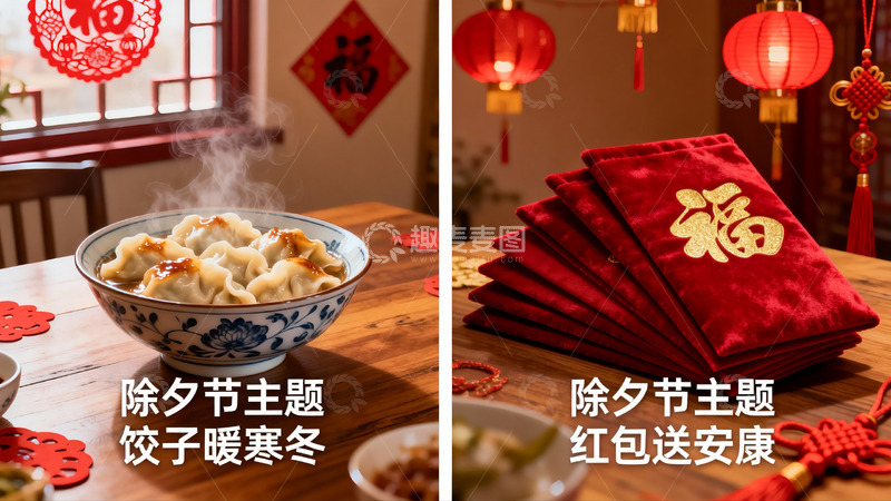 高清大图下载【趣麦麦图】除夕佳节饺子与红包