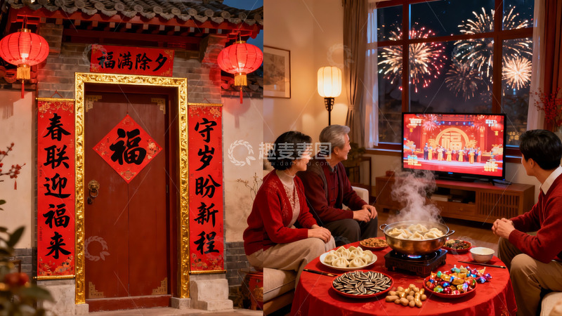 高清大图下载【趣麦麦图】除夕夜家人团聚看春晚