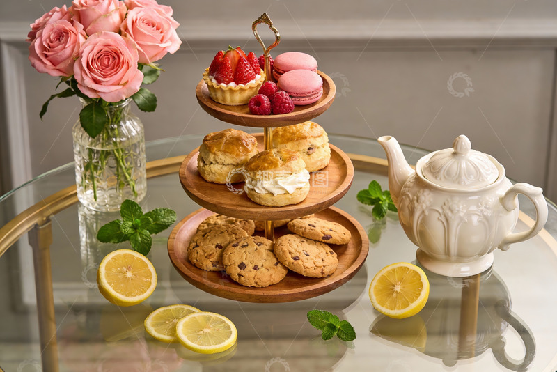 高清大图下载【趣麦麦图】精致下午茶点心与鲜花摆拍