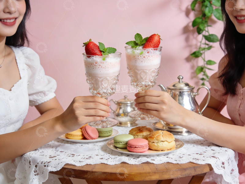 高清大图下载【趣麦麦图】两位女士举杯享用甜点