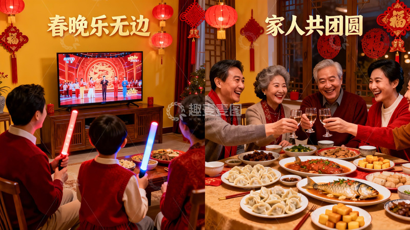 高清大图下载【趣麦麦图】春节家庭团聚共庆春晚