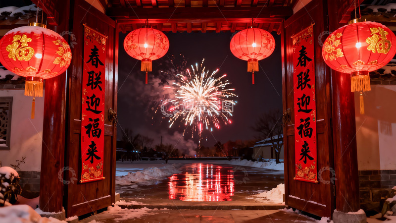 高清大图下载【趣麦麦图】雪夜烟花映古门