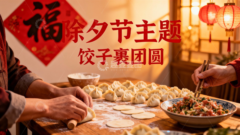 高清大图下载【趣麦麦图】除夕包饺子团圆饭