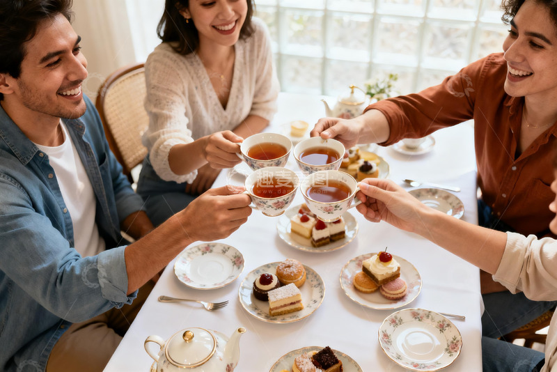 高清大图下载【趣麦麦图】四人举杯茶会欢聚