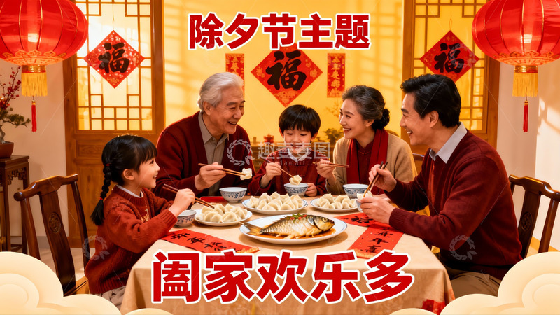 高清大图下载【趣麦麦图】除夕团圆饭家庭欢聚
