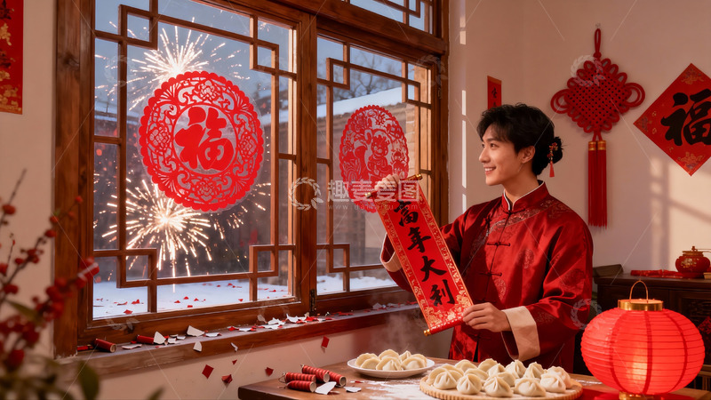 高清大图下载【趣麦麦图】新年室内庆典男子手持春联