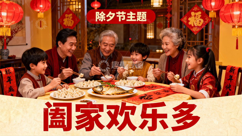 高清大图下载【趣麦麦图】除夕团圆饭家人欢聚一堂