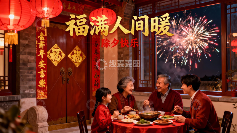 高清大图下载【趣麦麦图】除夕夜家人围坐吃团圆饭