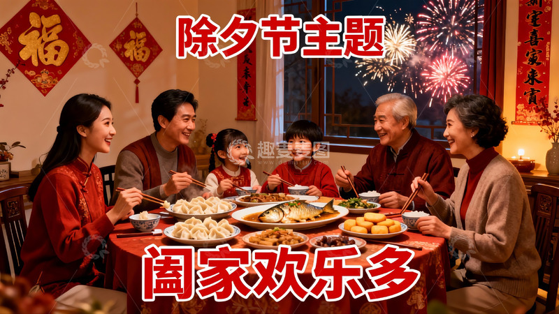 高清大图下载【趣麦麦图】除夕团圆饭家人欢聚一堂