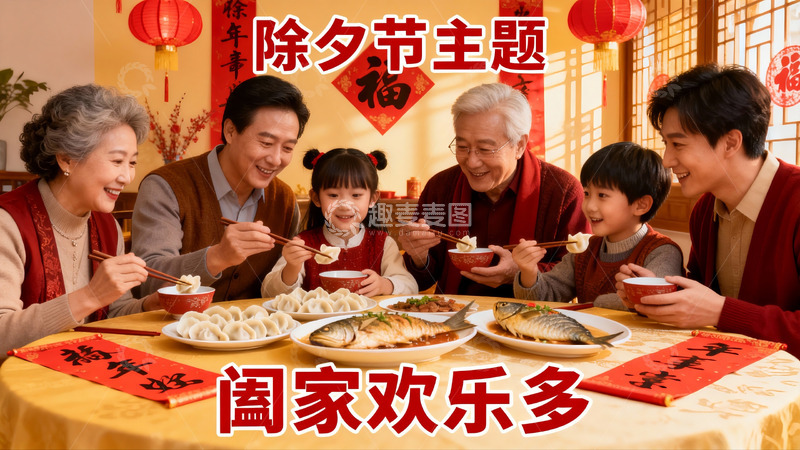 高清大图下载【趣麦麦图】除夕团圆饭家人欢聚一堂