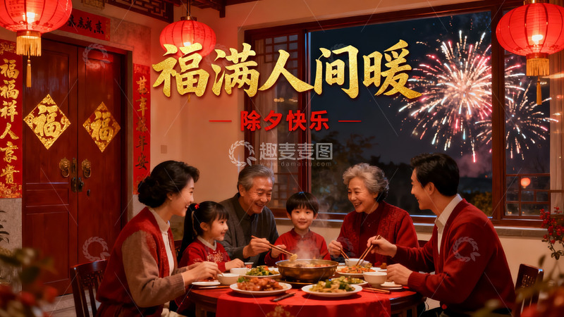 高清大图下载【趣麦麦图】除夕夜家人围坐吃团圆饭