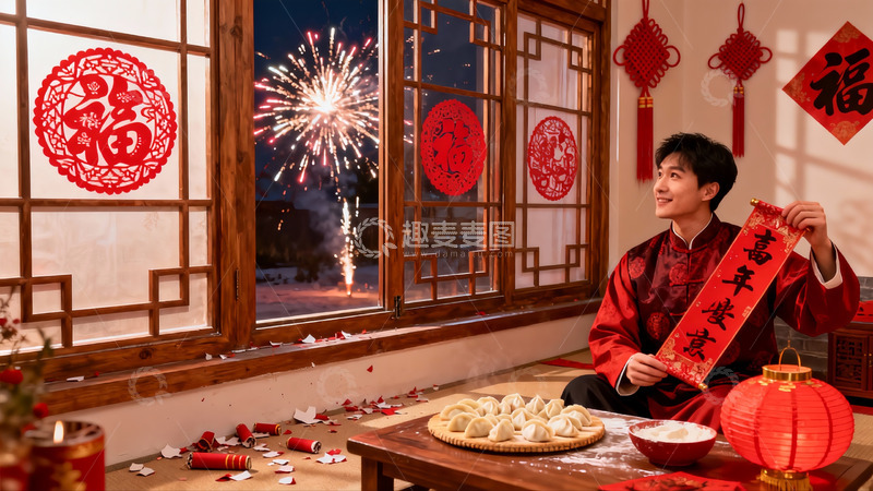 高清大图下载【趣麦麦图】新年室内庆典烟花绽放