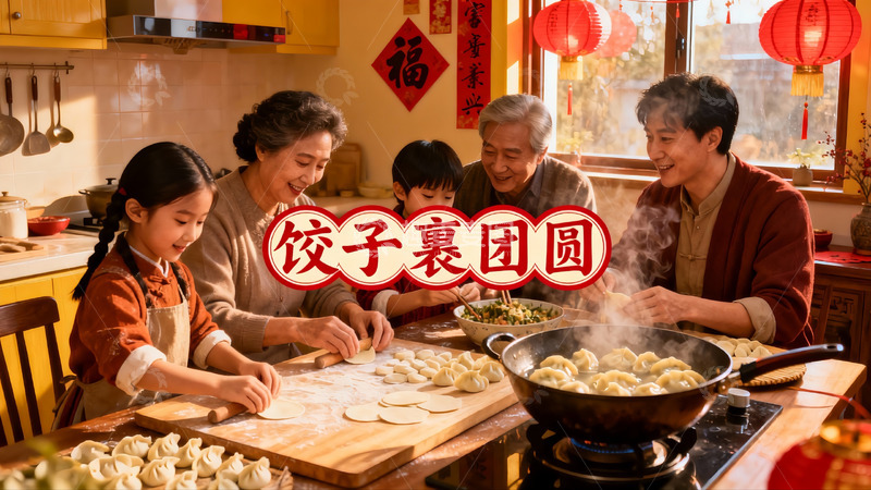 高清大图下载【趣麦麦图】家庭包饺子团圆饭