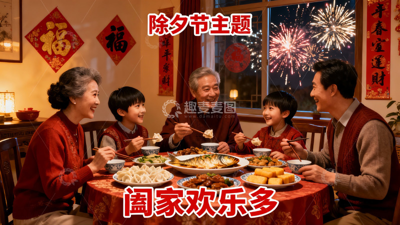 高清大图下载【趣麦麦图】除夕夜家人团聚吃年夜饭
