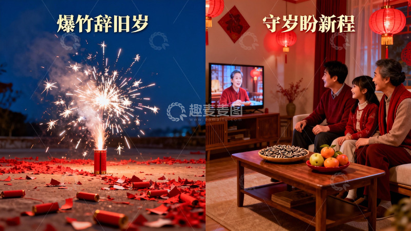 高清大图下载【趣麦麦图】除夕夜烟花与家庭团聚