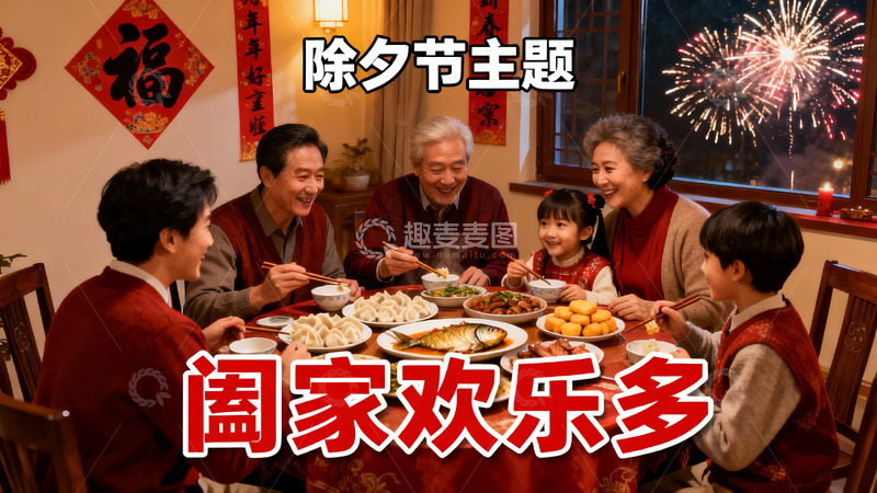 高清大图下载【趣麦麦图】除夕夜家庭聚餐欢庆场景