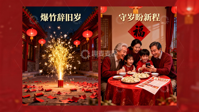高清大图下载【趣麦麦图】春节家庭团聚与烟花庆祝