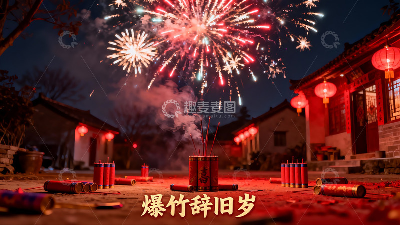 高清大图下载【趣麦麦图】夜空烟花绽放古宅庭院