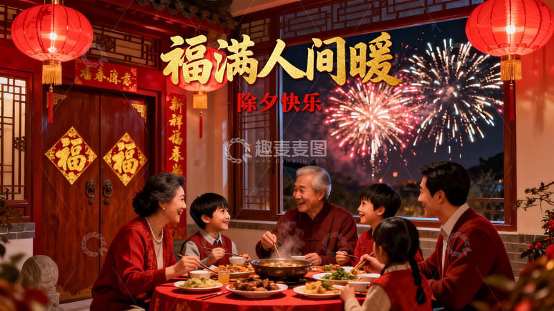 高清大图下载【趣麦麦图】除夕夜家人围坐吃团圆饭