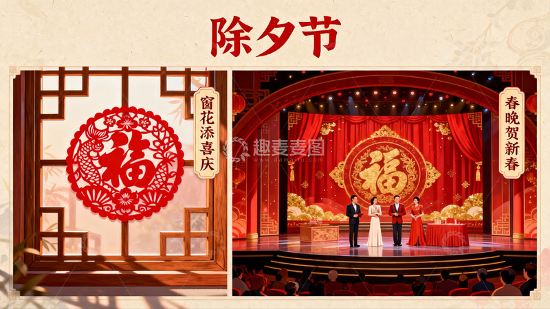 高清大图下载【趣麦麦图】除夕春晚舞台与窗花装饰