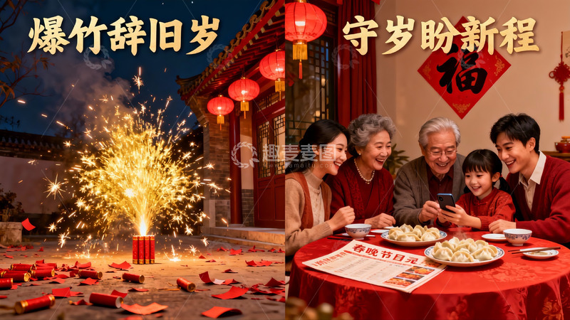 高清大图下载【趣麦麦图】春节家庭团聚烟花庆祝