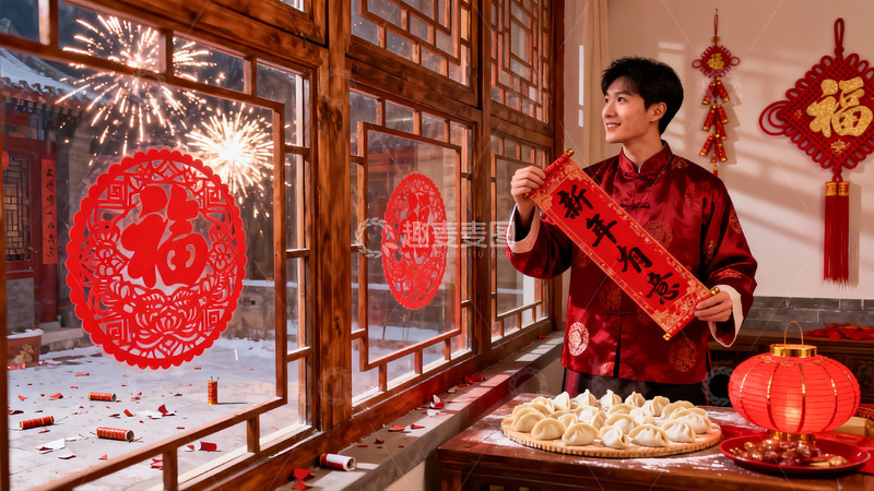 高清大图下载【趣麦麦图】男子手持春联窗前迎新年