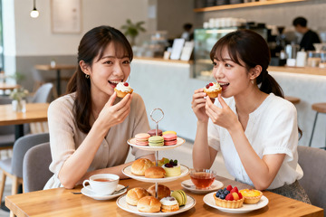 两位女士在咖啡馆享用甜点