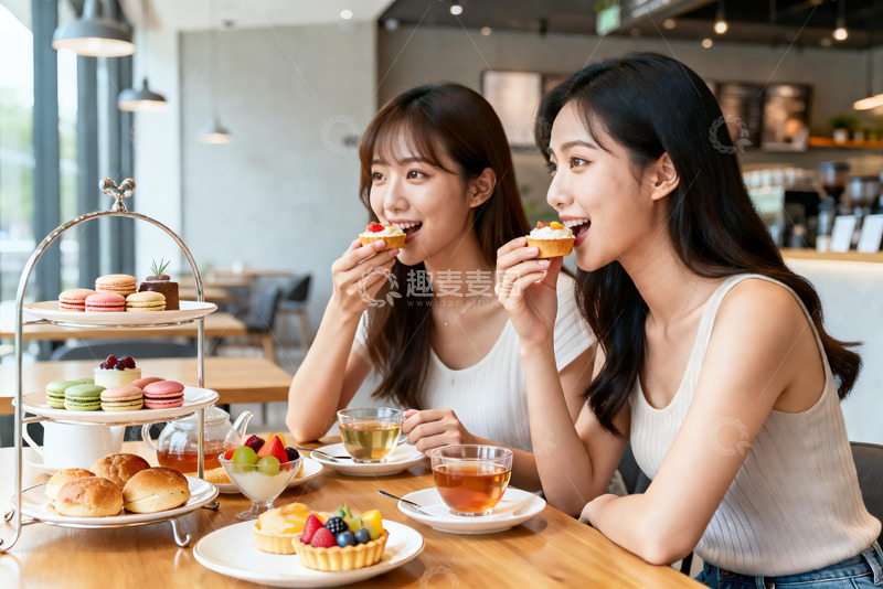 高清大图下载【趣麦麦图】两位女士在咖啡馆享用甜点