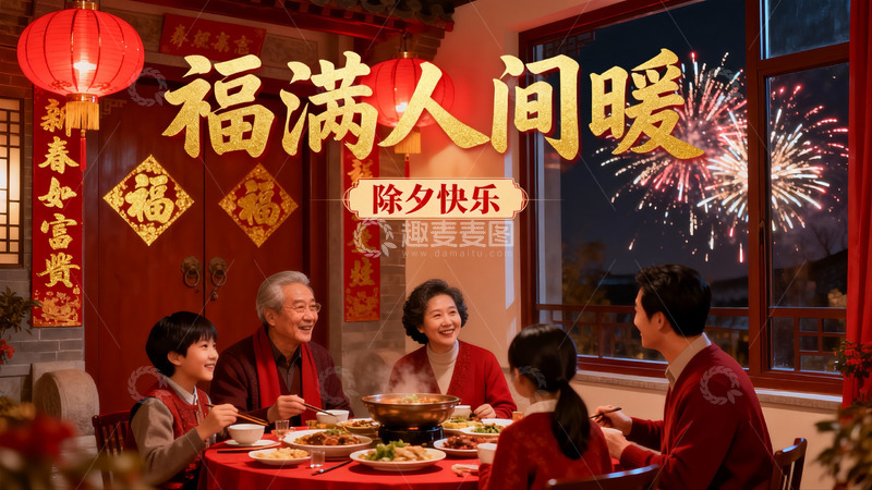 高清大图下载【趣麦麦图】除夕夜家人围坐吃团圆饭