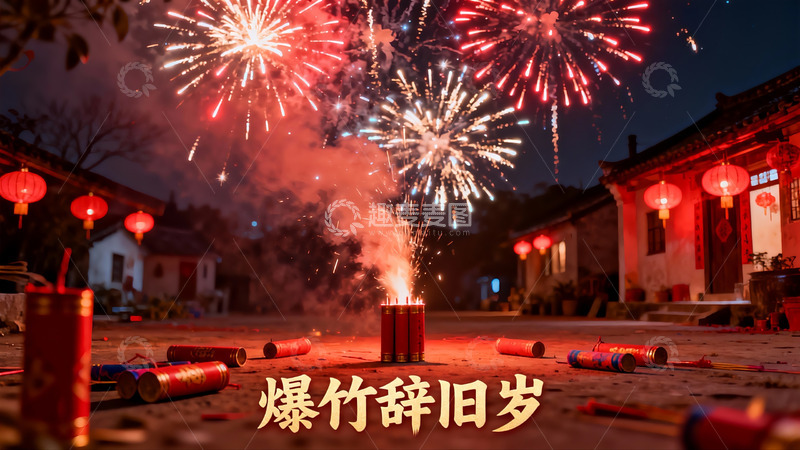 高清大图下载【趣麦麦图】夜空烟花绽放庭院喜庆