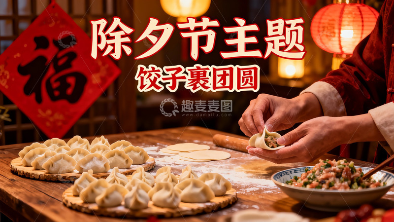 高清大图下载【趣麦麦图】除夕包饺子团圆饭