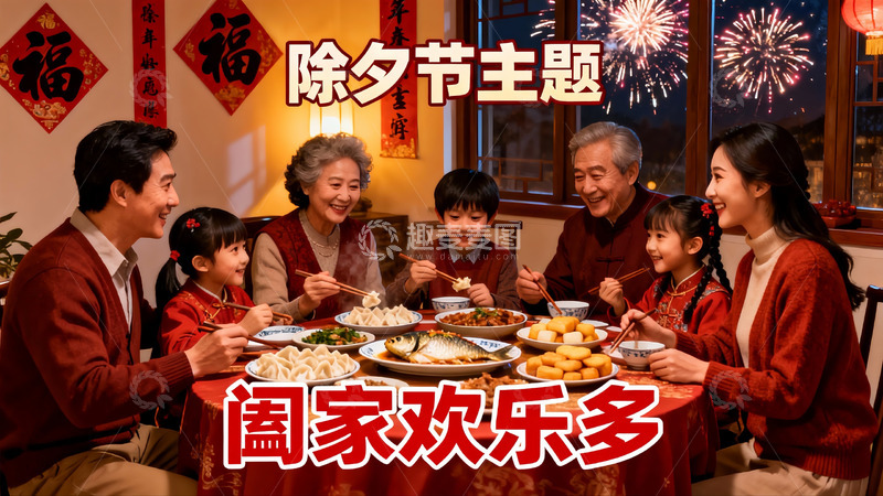 高清大图下载【趣麦麦图】除夕夜家庭聚餐欢庆团圆