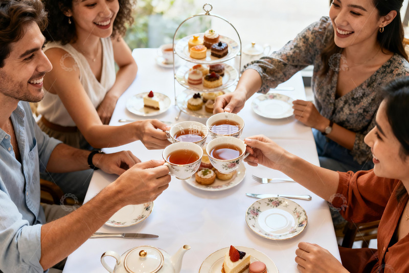 高清大图下载【趣麦麦图】四人下午茶欢聚共享甜点