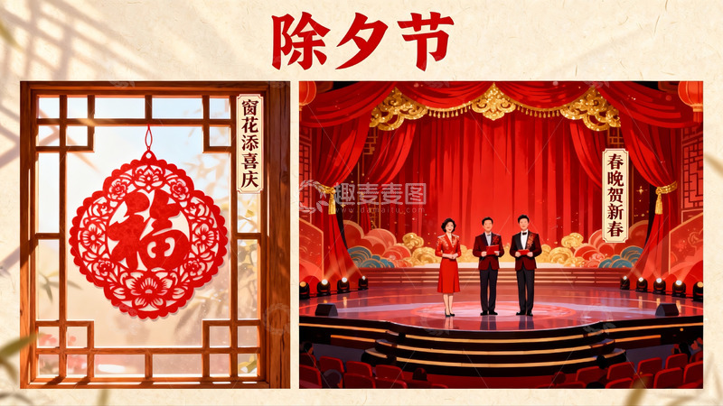 高清大图下载【趣麦麦图】除夕春晚舞台与窗花装饰