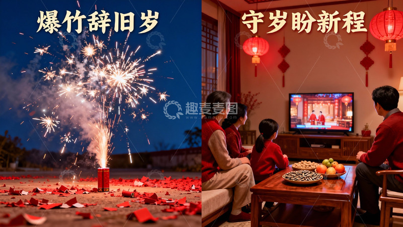 高清大图下载【趣麦麦图】除夕夜烟花与家庭团聚