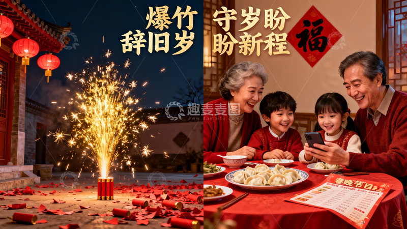 高清大图下载【趣麦麦图】除夕夜烟花与家庭团聚