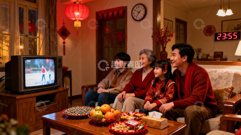 高清大图下载【趣麦麦图】家庭除夕夜看电视团圆