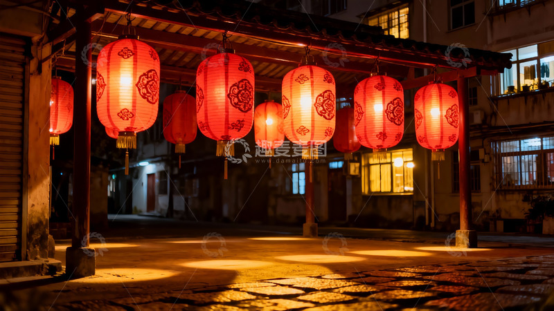 高清大图下载【趣麦麦图】夜巷红灯笼映古街