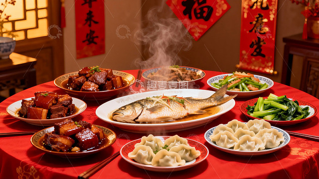 春节团圆饭丰盛菜肴摆盘