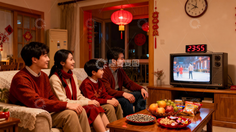 高清大图下载【趣麦麦图】四口之家除夕夜客厅看电视
