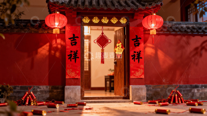 高清大图下载【趣麦麦图】春节庭院挂红灯笼贴春联