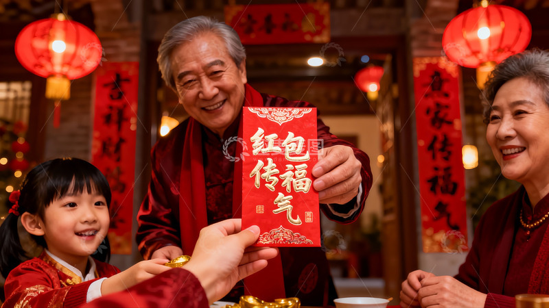 高清大图下载【趣麦麦图】春节家庭红包传递温馨时刻