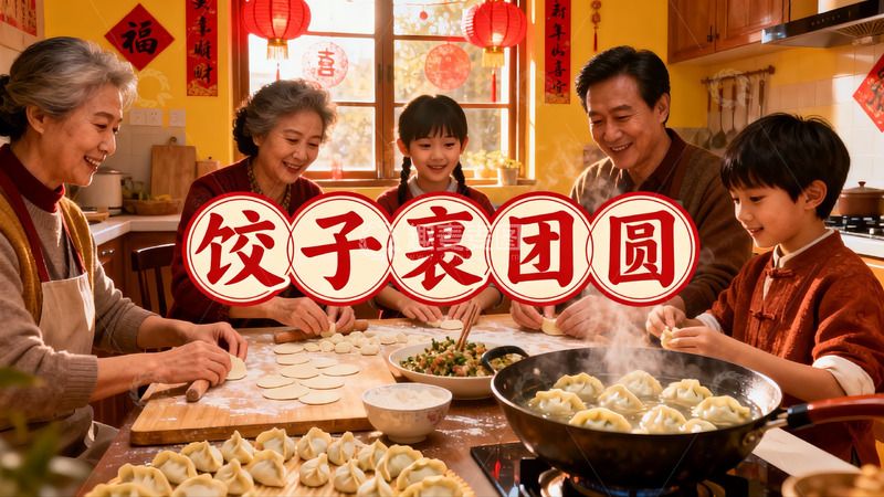 高清大图下载【趣麦麦图】家庭包饺子团圆饭