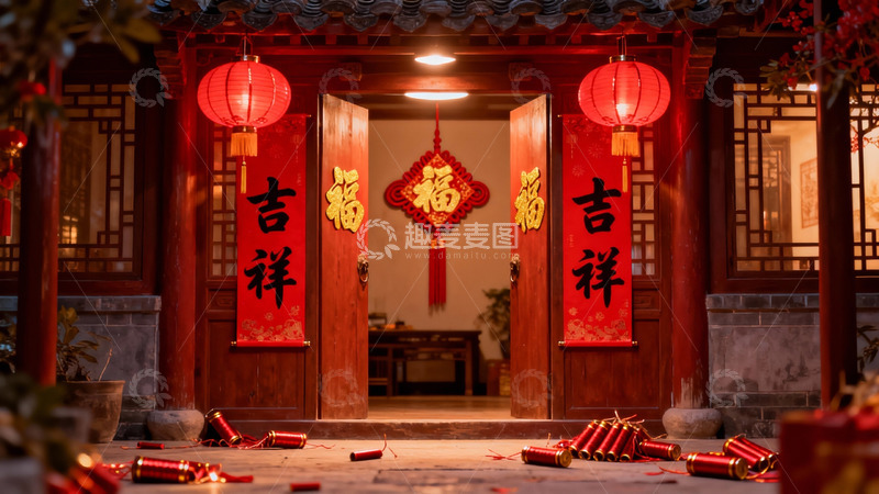 高清大图下载【趣麦麦图】春节门前挂红灯笼鞭炮