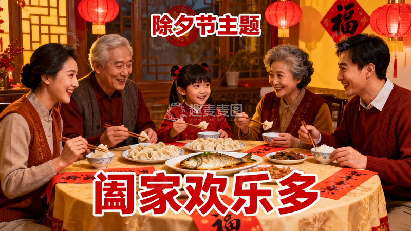 高清大图下载【趣麦麦图】除夕团圆饭家人欢聚一堂
