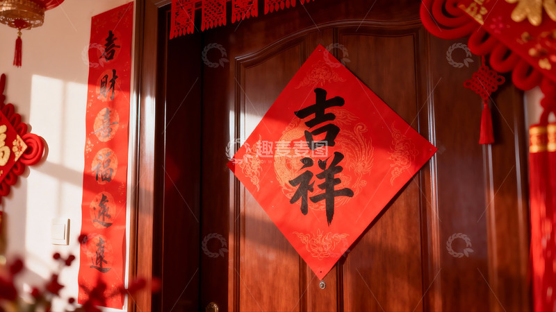 高清大图下载【趣麦麦图】春节门上贴福字挂灯笼