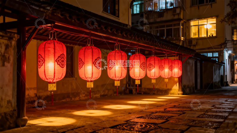高清大图下载【趣麦麦图】夜巷红灯笼映古街