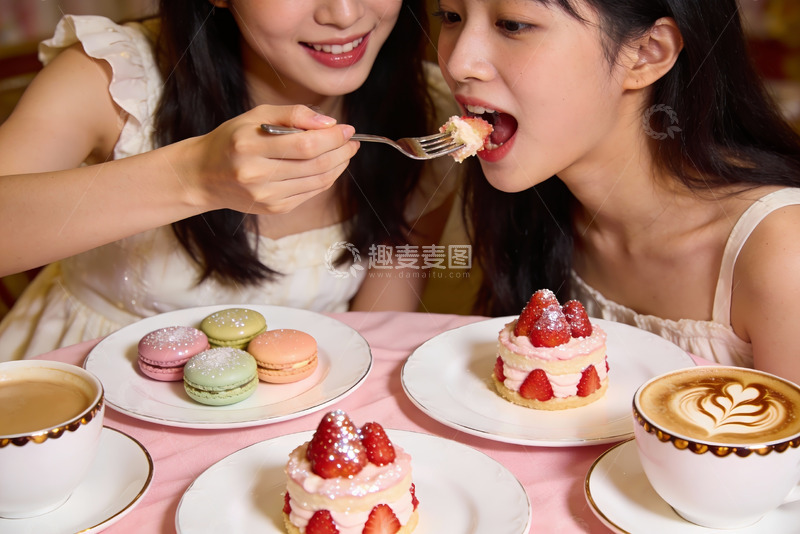 高清大图下载【趣麦麦图】两位女士共享甜点与咖啡