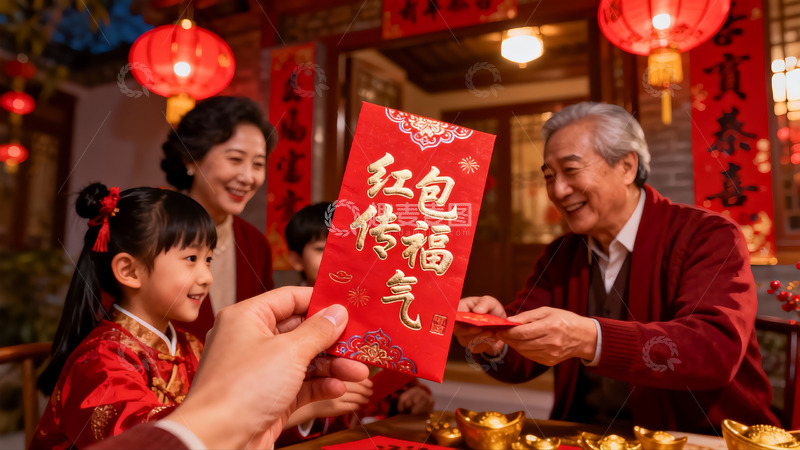 高清大图下载【趣麦麦图】春节家庭红包传递温馨时刻