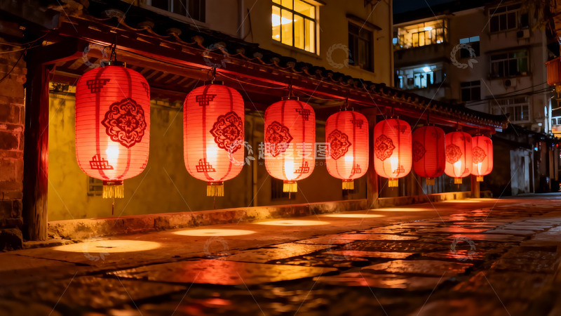 高清大图下载【趣麦麦图】夜街红灯笼映古巷